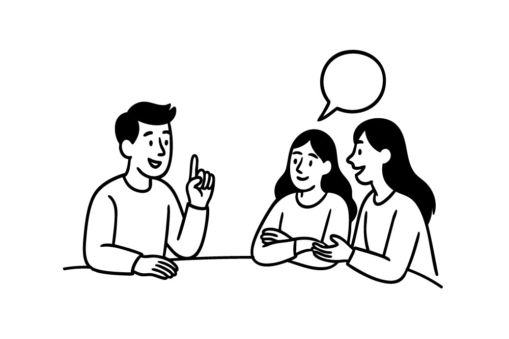 Zwart-wit illustratie van 3 personen die toegankelijkheid met elkaar bespreken.