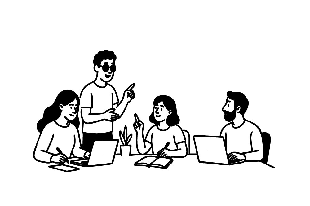 Zwart-wit illustratie van een groep van 4 personen die overleggen aan een tafel. 1 van de personen is blind en draagt een donkere bril.