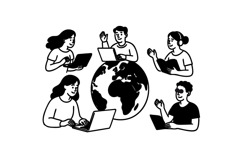 Zwart-wit illustratie van 5 personen die wereldwijd via een beeldverbinding met elkaar communiceren.